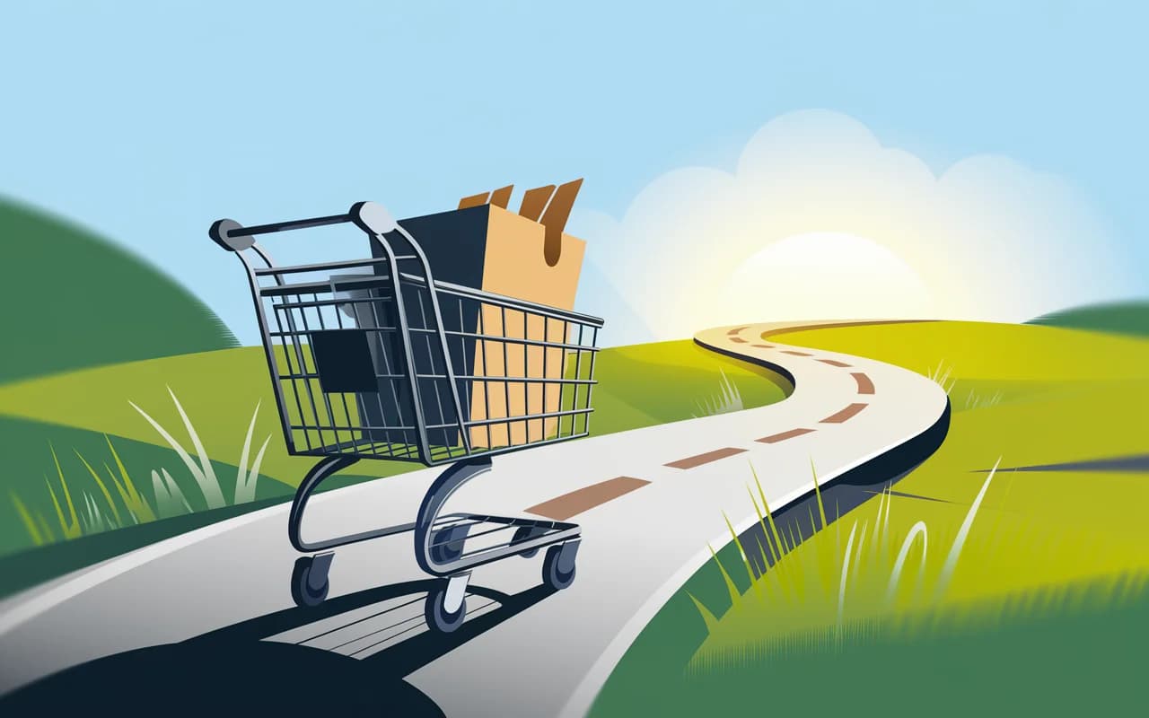 Illustration of a shopping cart filled with boxes, rolling on a winding road towards the horizon with a bright sunrise in the background.