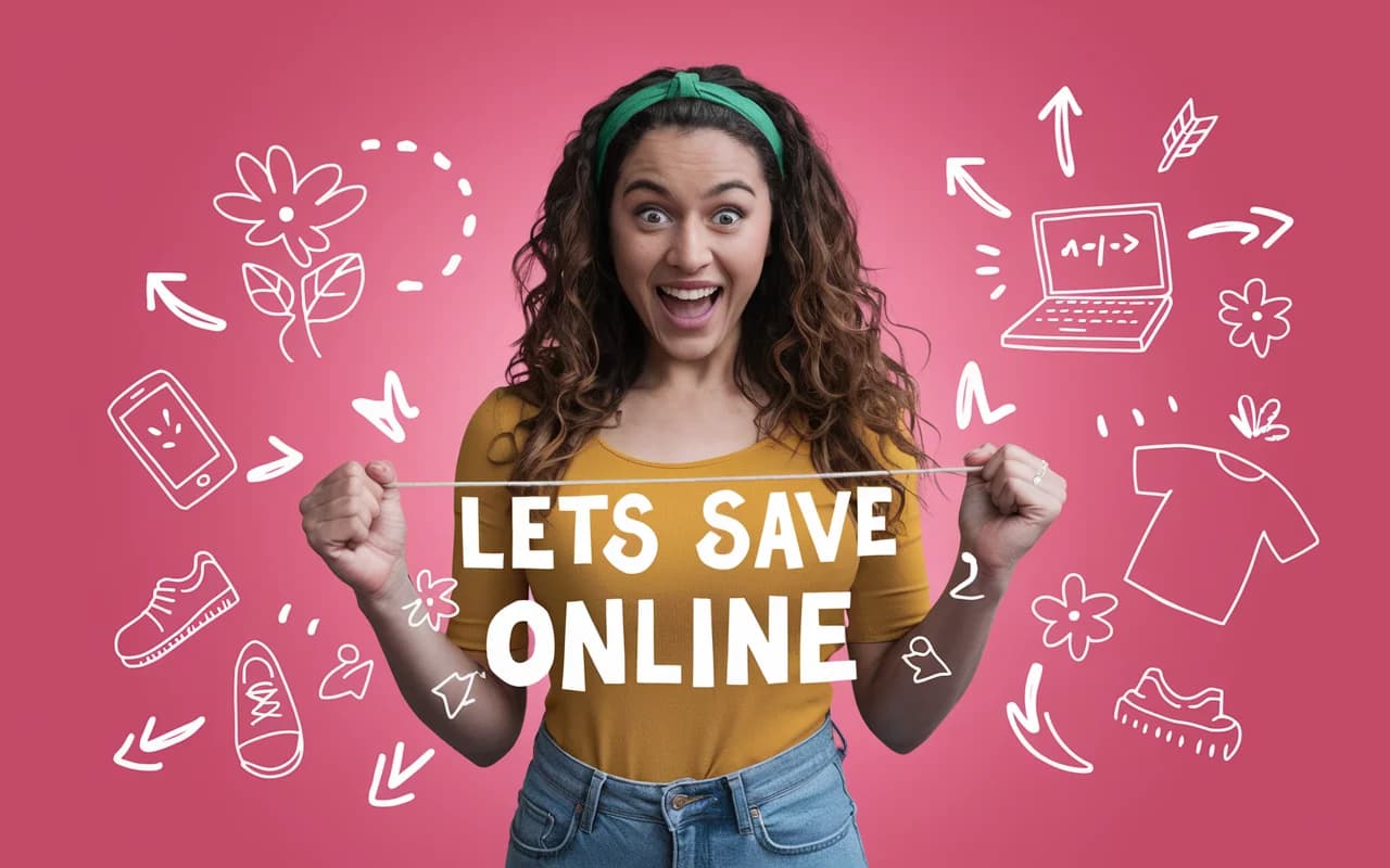 Excited woman holding a banner that says 'LET'S SAVE ONLINE', with doodles of shopping-related icons like a laptop, shoes, and clothing on a pink background.