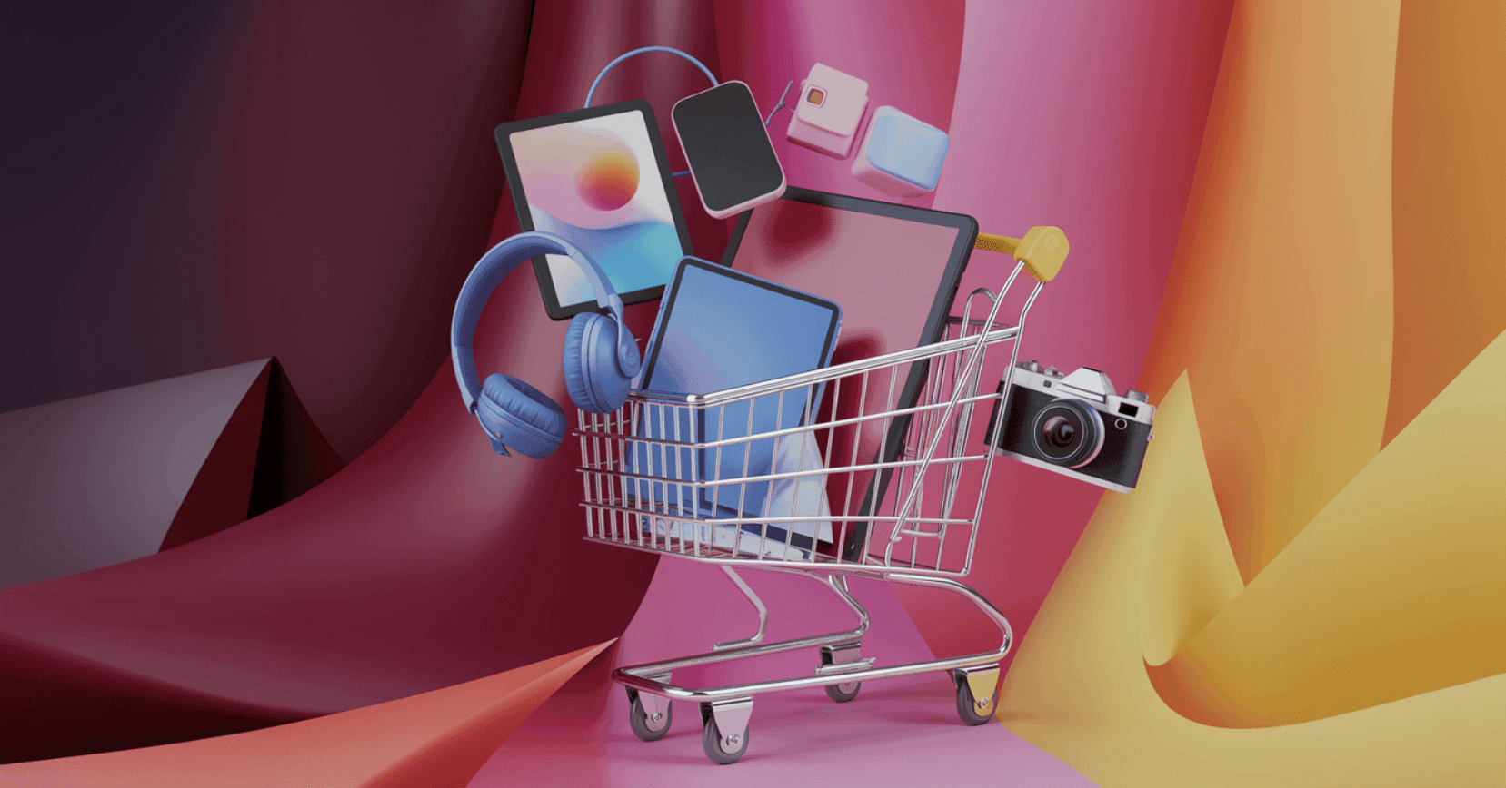 Shopping cart filled with various electronic gadgets, including tablets, headphones, a camera, and other tech accessories, set against a vibrant, abstract background.