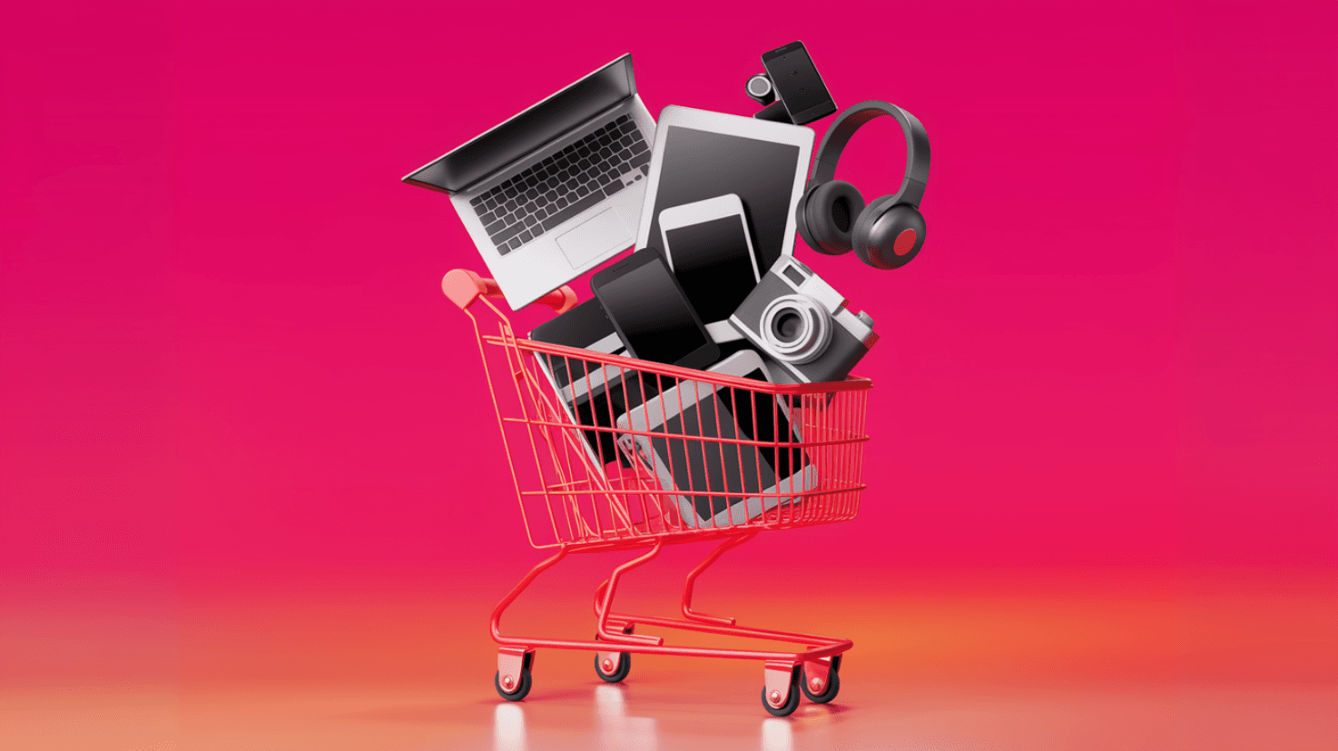 Shopping cart filled with electronic gadgets including a laptop, tablet, smartphones, camera, and headphones, set against a vibrant pink and orange gradient background.