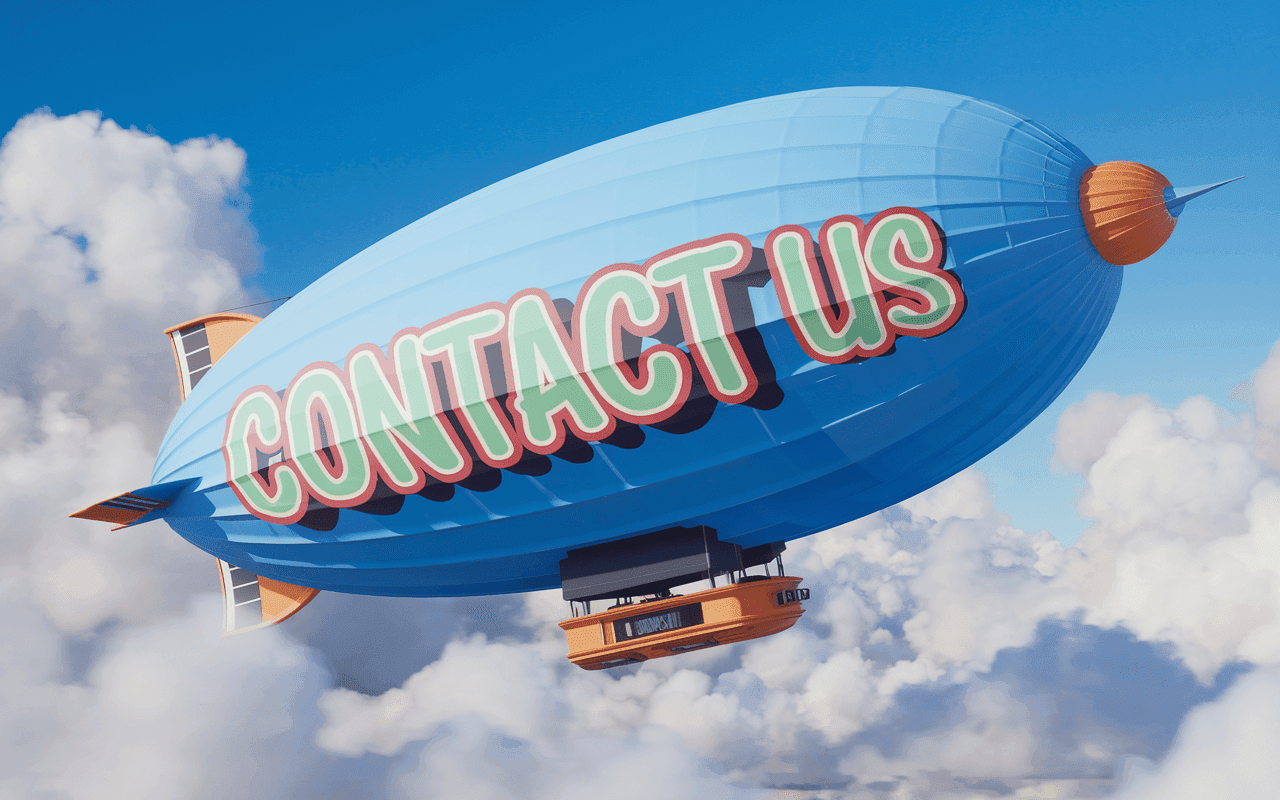 Blue blimp flying in the sky with the words 'CONTACT US' written in bold, colorful letters on its side, surrounded by clouds.