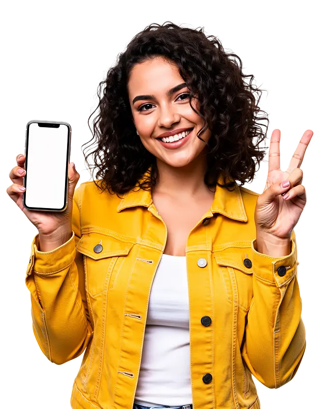 Smiling woman in a yellow jacket holding a smartphone with a blank screen and making a peace sign.