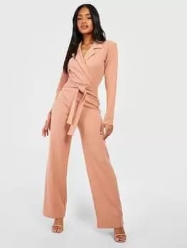 Boohoo Crepe Tie Waist Wide Leg Trouser - Camel, Brown, Size 10, Women