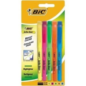 Bic briteliner Grip 1.6 to 3.3mm Chisel Tip Highlighter Pen Assorted 1 x Pack of 5 Highlighter Pens