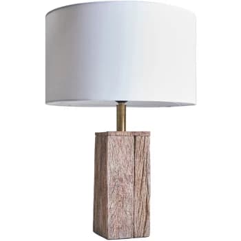 Natural Wooden Block Design Table Lamp with Large Lampshade - White