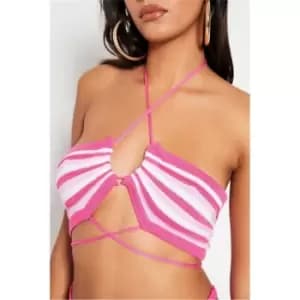 I Saw It First Hot Pink Ruched Front Cross Tie Detail Stripe Bandeau Bralet Co-Ord - Pink