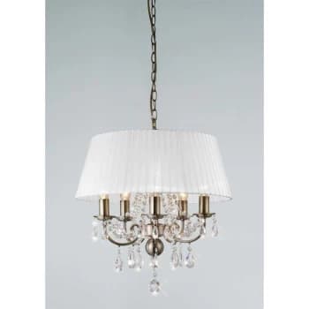 Olivia pendant light with white lampshade 5 bulbs antique brass / crystal