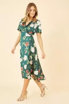 Green Satin Rose Print Wrap Dress