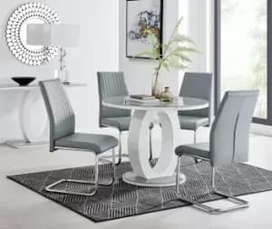 Giovani Round 4 Seat 100cm White High Gloss Unique Halo Base Grey Glass Top Dining Table 4 Soft Faux Leather Lorenzo Chairs