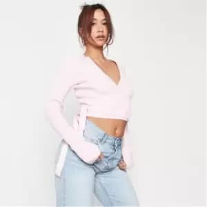 Missguided Tall Rib Wrap Front Knit Crop Top - Pink