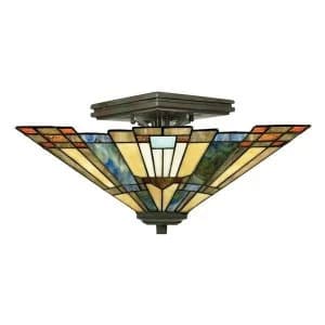 2 Light Tiffany Semi Flush Ceiling Light Bronze, E27