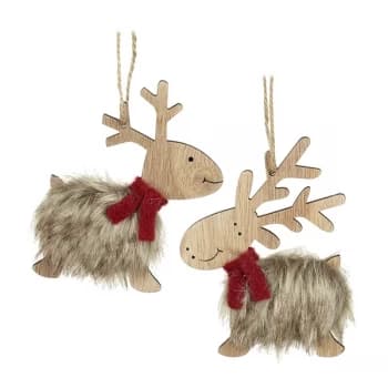 Wooden Deer With Fur Body Hanging Decorations (Set of 2)