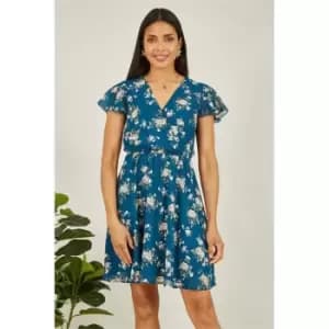 Mela London Teal Floral Print Wrap Over Skater Dress - Blue