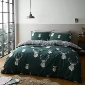 Catherine Lansfield Stag Tartan Check Reversible Duvet Cover Set, Green, King