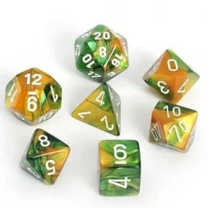 Chessex Gemini Poly 7 Dice Set: Gold-Green/White