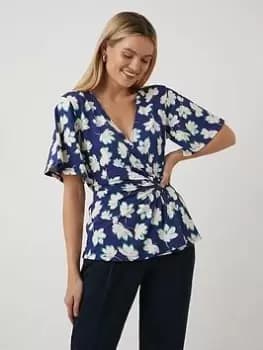 Wallis Floral Wrap Jersey Top - Navy, Blue, Size S, Women