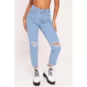 I Saw It First Light Blue Ripped Knee Mom Jeans With Frayed Hem - Blue