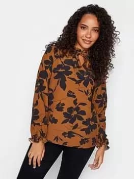 M&Co Floral Tie Neck Blouse - Brown, Size 10, Women