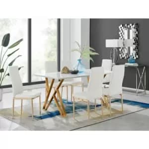 Taranto White High Gloss Dining Table and 6 White Gold Leg Milan Chairs - White
