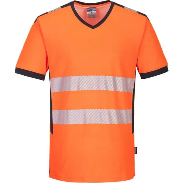 Portwest PW3 Hi Vis V Neck Mesh Insert Short Sleeve T Shirt PW310OBRM Colour: Orange / Black