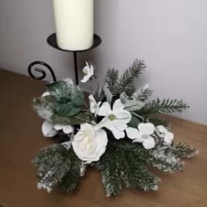 30cm Decorated Candle Holder Centrepiece with Snow Flocked Winter Flowers