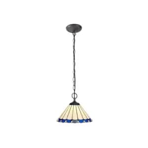 2 Light Downlighter Ceiling Pendant E27 With 30cm Tiffany Shade, Blue, Crystal, Aged Antique Brass