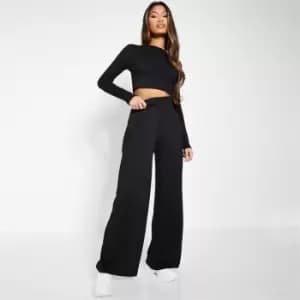 I Saw It First Petite Rib Wide Leg High Waist Trouser - Black