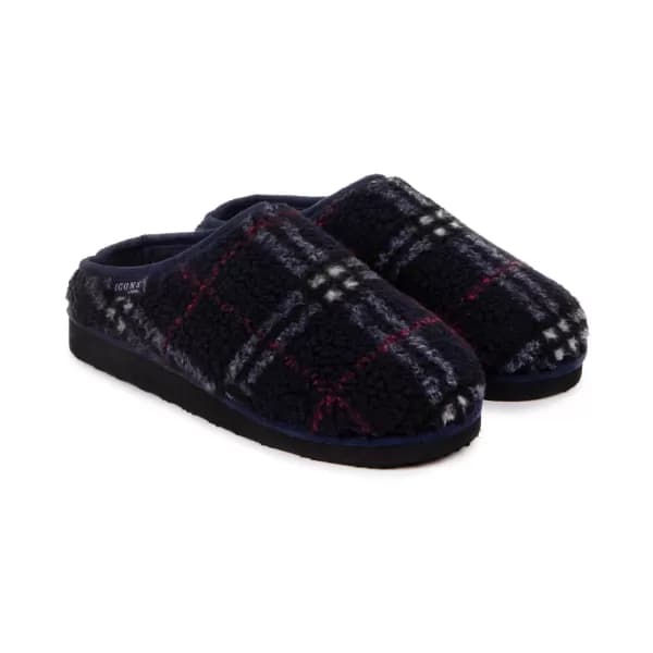 totes Borg Navy Check Slippers With EVA Sole Navy