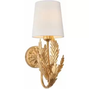 Loops - Ornate Gold Wall Light Fitting & Ivory Cotton Shade Decorative Leaf Design