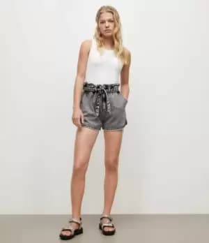 AllSaints Womens Dale High-Rise Denim Paperbag Shorts, Snow Black, Size: 25