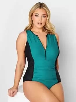 Yours Zip Front Active Swimsuit, Blue, Size 18, Women