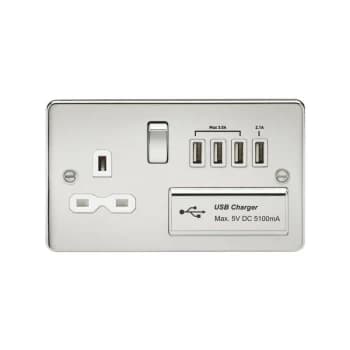 Flat plate 13A switched socket with quad USB charger - polished chrome with white insert - Knightsbridge