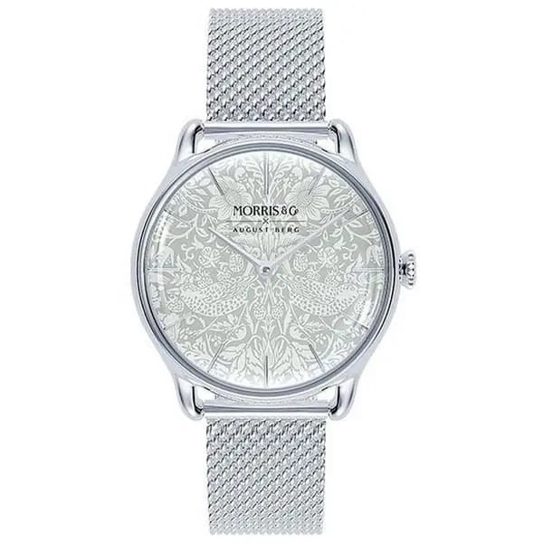 August Berg Ladies Pure Silver Strawberry Thief 30mm Watch Analogue Quartz Watches One Size Silver and White 40897390000