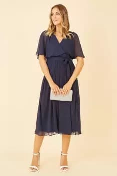 Navy Wrap Midi Dress With Flutter Sleeve