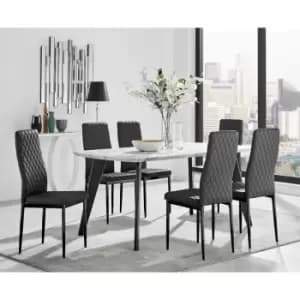 Furniturebox Andria Black Leg Marble Effect Dining Table and 6 Black Milan Faux Leather Dining Chairs With Black Legs