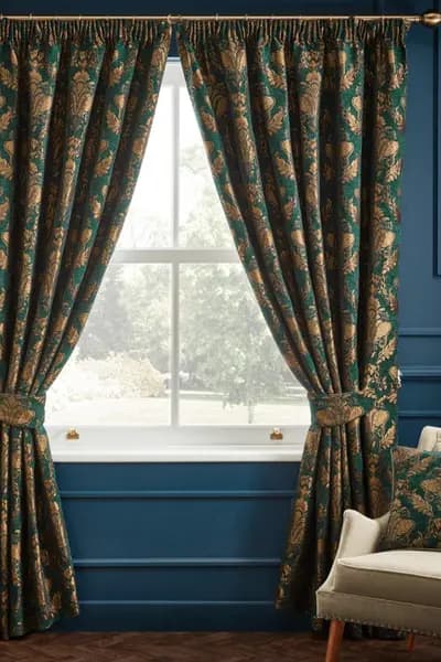 Shiraz Traditional Jacquard Pencil Pleat Curtains Emerald, Emerald / 168 x 229cm