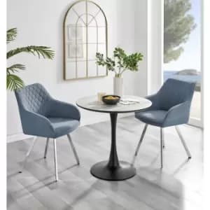 Furniturebox UK - Furniturebox Elina White Marble Effect Modern 80cm Round Dining Table & 2 Blue Falun Silver Leg Fabric Chairs