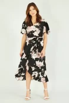 Black Rose Printed Bubble Crepe Wrap Effect Dress