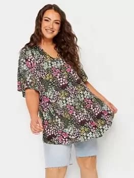 Yours Yours Ditsy Flower Pleat Angel Sleeve Swing Top, Black, Size 18, Women