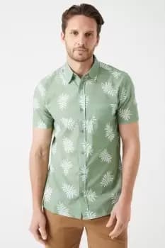 Mens Green Leaf Cotton Slub Print Shirt