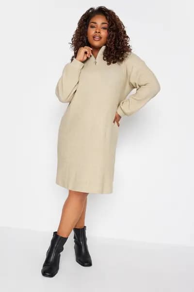 Yours Soft Touch Zip Neck Jumper Dress Camel