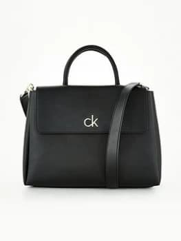 Calvin Klein Re-Lock Medium Tote with Flap - Black, White, Women