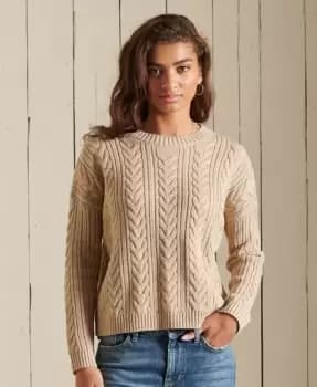 Superdry Womens Dropped Shoulder Cable Knit Crew Neck Jumper Beige / Mid Caramel Twist - Size: 10
