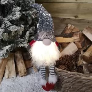 42cm Red Christmas Light Up Gnome Gonk Nordic Sitting Grey Sequins Dangly Legs
