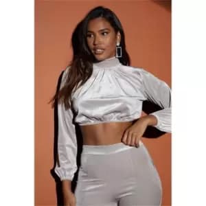 I Saw It First Stone Velour High Neck Balloon Blouse - Brown