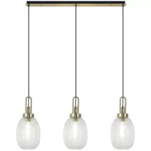 Luminosa Yorktown Linear 3 Light Ceiling Pendant E27 With 20cm Almond Ribbed Glass, Clear Brass Gold, Matt Black