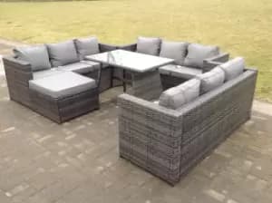 Fimous 9 Seater Outdoor Dark Grey Rattan Lounge Complete Sofa Set with Regular Dining Table and Big Footstool