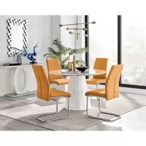 Furniture Box Palma White Marble Effect Round Dining Table and 4 Mustard Lorenzo Chairs
