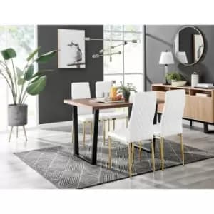 Kylo Brown Wood Effect Dining Table & 4 White Milan Gold Leg Chairs - White