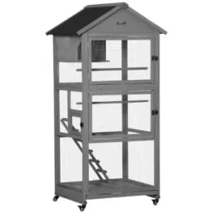 Pawhut Bird Cage Mobile Wooden Aviary With Wheel Perch Nest Ladder Tray - Grey